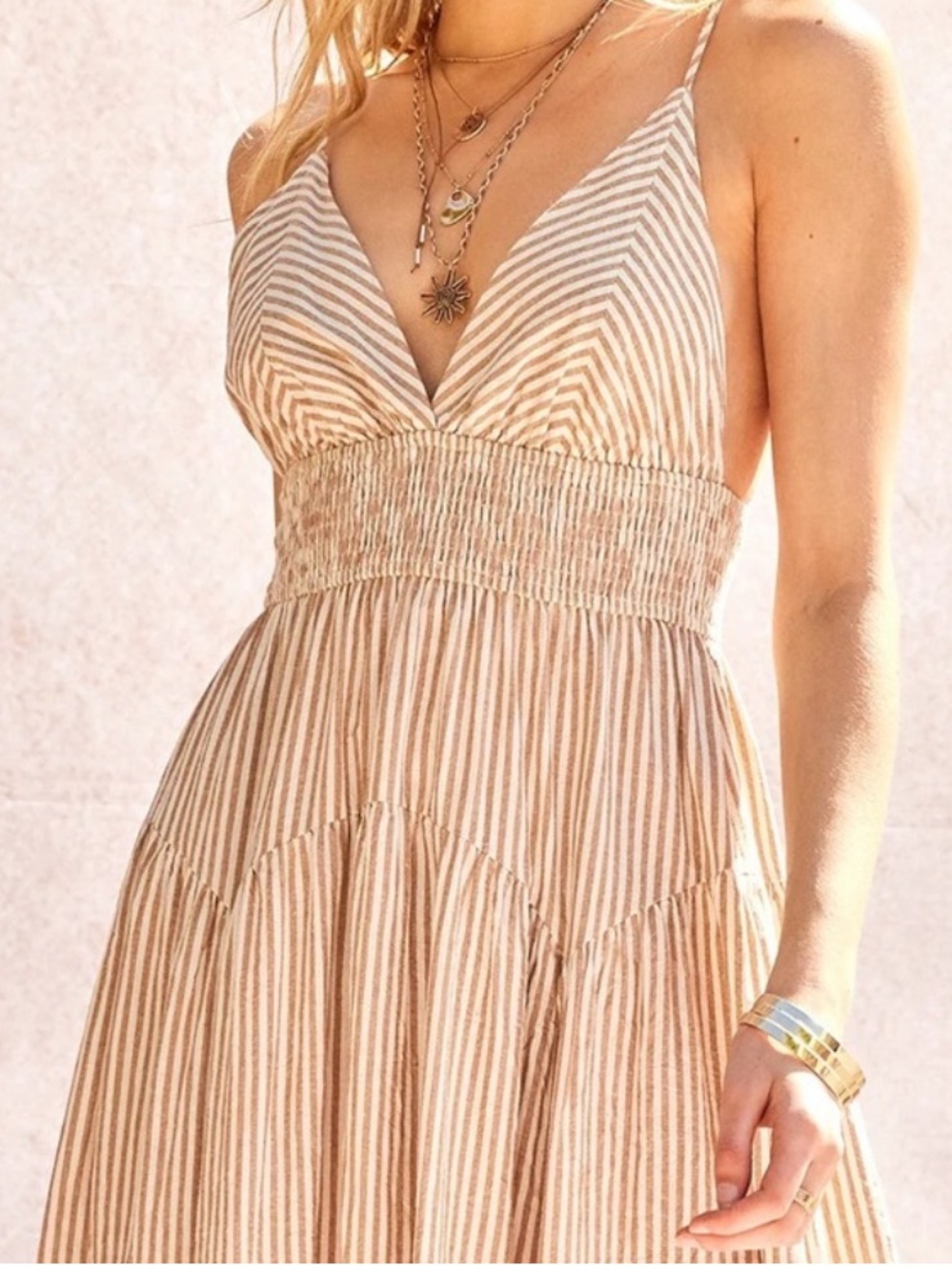 ILLA ILLA Neutral Striped V-Neck Maxi Dress